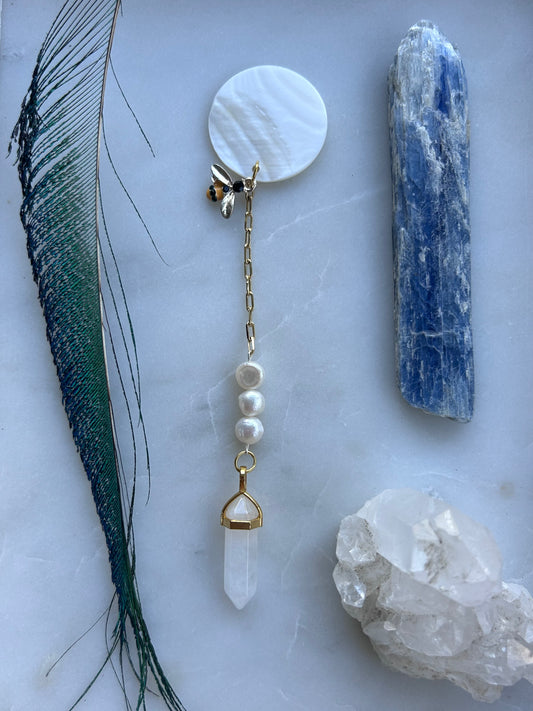 Moon Priestess Pendulum — Selenite, Pearls & Bee Totem
